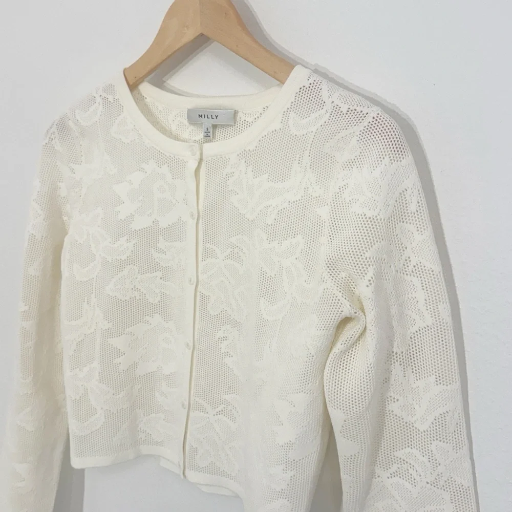 Milly Cream Cardigan Lace Floral Textured Button-Up Size Small Like New!